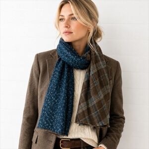 RODA Reversible Plaid Paisley Scarf Womens Blue Brown Wool Blend Luxury taly
